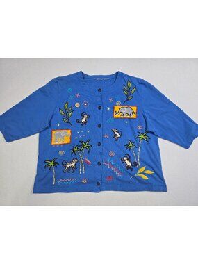Vintage Onque Blue Button-Up Cardigan Jungle Animal Embroidery 3/4 Sleeves L